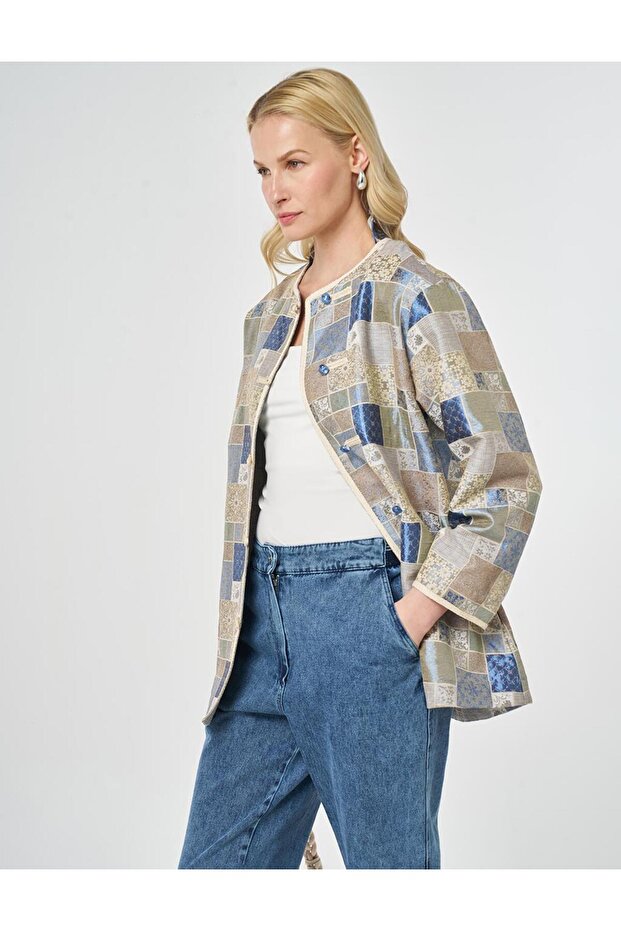 Square Pattern Jacquard Jacket Indigo - 2