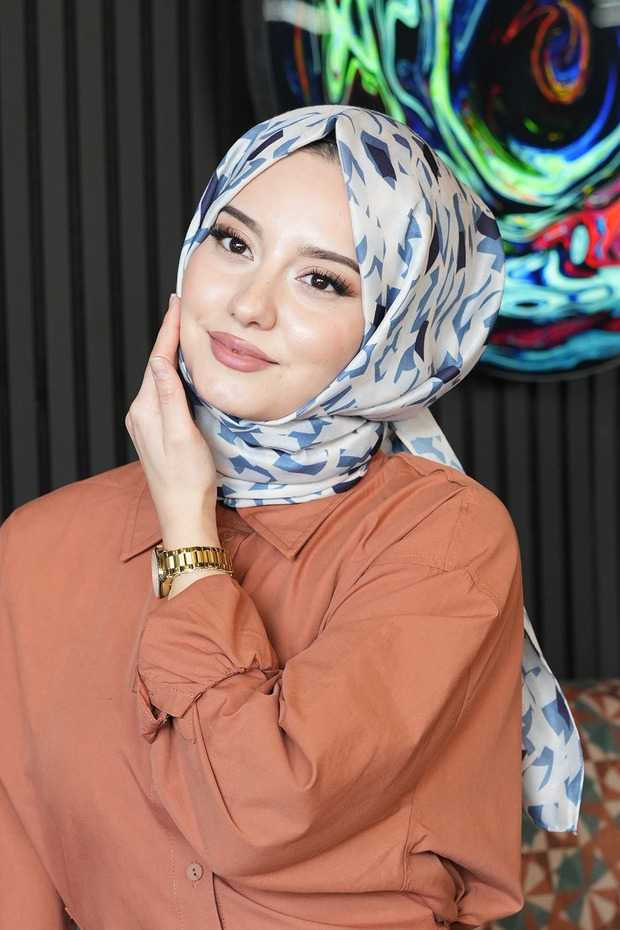 Model mozaic șal din bumbac moale bleumarin - 3