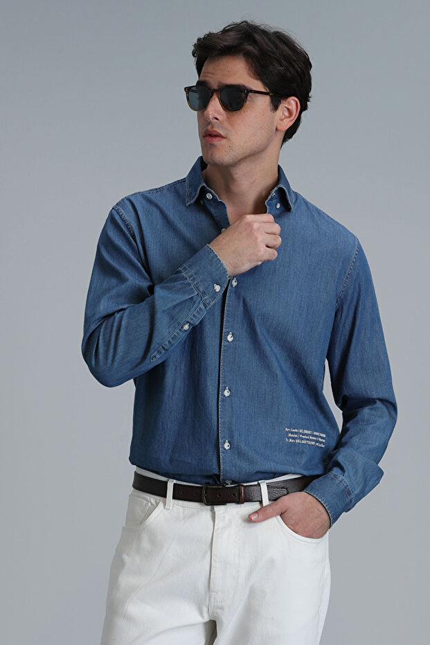 Men's Blue Regular Fit Basic Shirt - Warter - 4