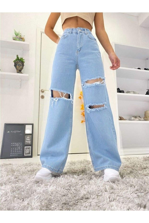 S.o.l.m.a.z Light Blue Lycra Super High Waist Loose Jean Trousers (super High) Wide Leg.