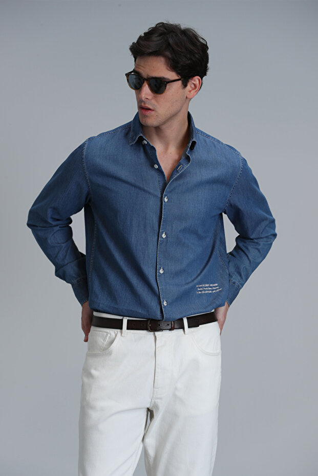 Men's Blue Regular Fit Basic Shirt - Warter - 3