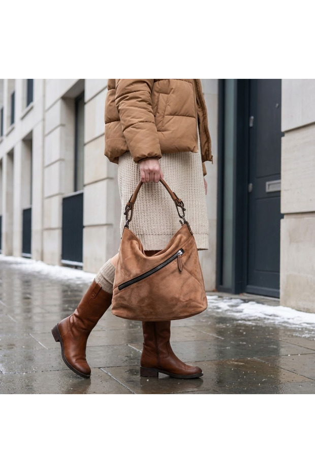 Women's Tan Suede Front Zipper Handy Shoulder Bag