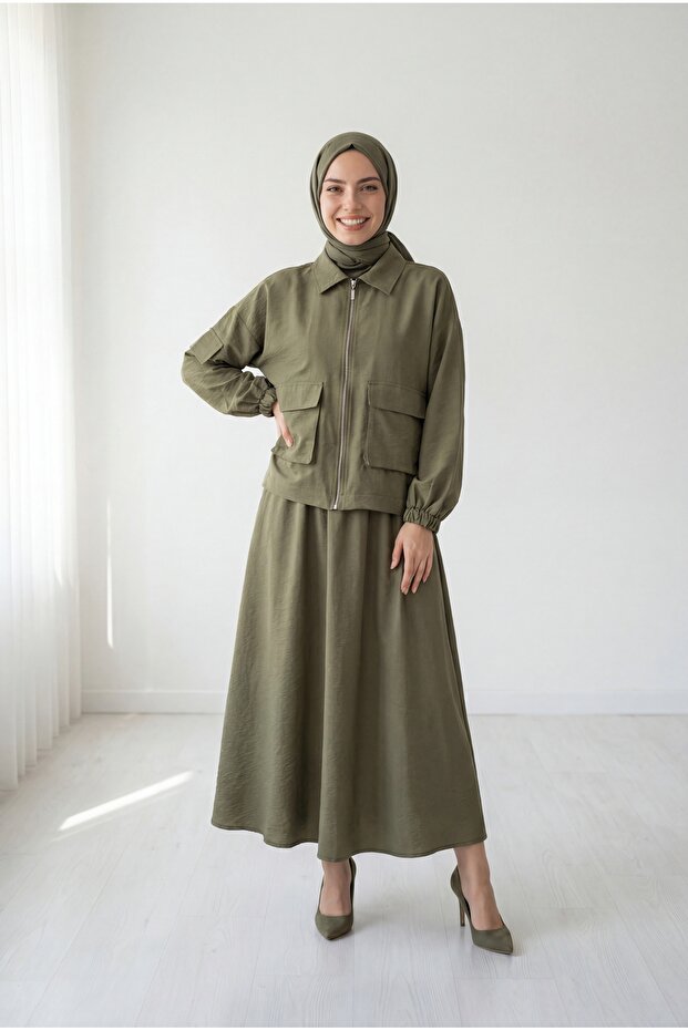 Anife Zippered Cupra Suit with Bellows Detail on the Front and Skirt - Mf256 Khaki