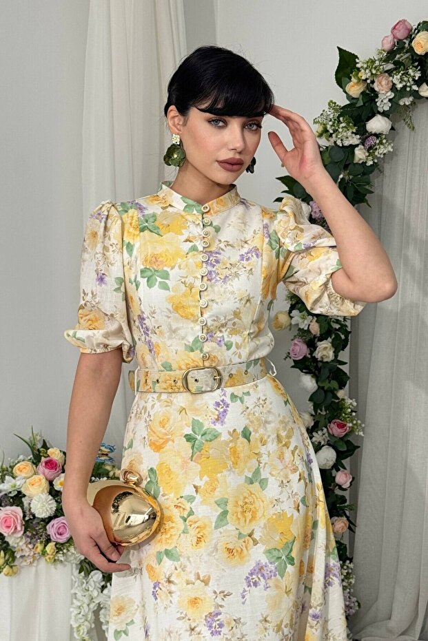 Yellow Floral Print Button Detail Belted Premium Design Linen Dress