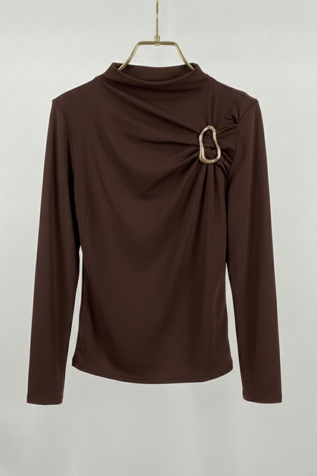 Women's Blouse with Gold Buckle Detail, Gathered, Long Sleeves, Sandy Fabric, Lycra, Elegant Blouse
