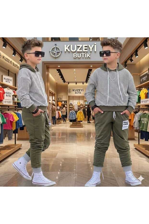 Boy's Holiday Striped Hooded Style Double Top and Bottom Set