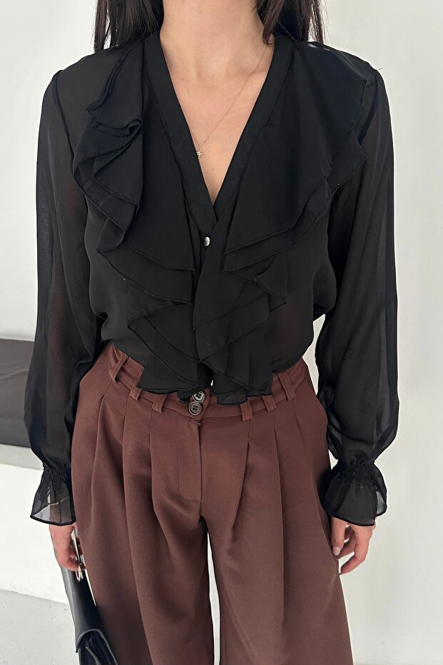 Noi Belis Siyah Transparan Fırfır Detaylı Dokuma Gömlek SS25GO0010