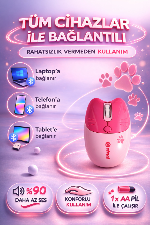 Sevimli Kedi Kablosuz Pembe Mouse Bluetooth + 2.4G Dual Mode - 1