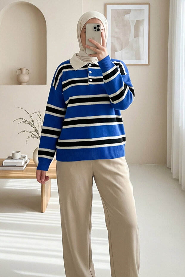 Polo Collar Buttoned Colorful Striped Knitwear Sweater - Cobalt