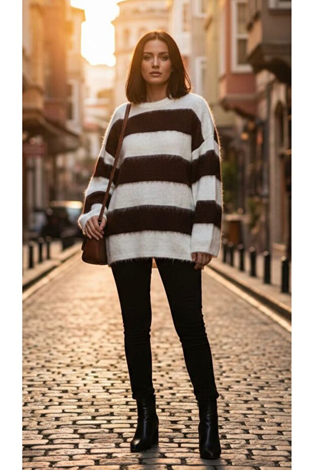 Horizontal Brown Striped Bearded Sweater