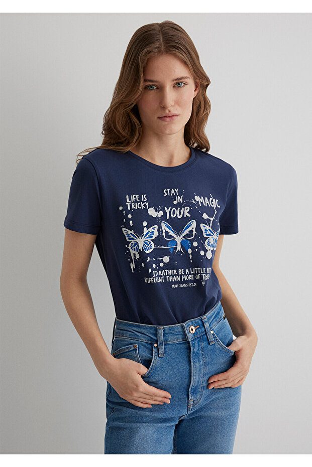 Butterfly Printed Navy Blue T-Shirt Semi Slim Fit / Semi Slim Fit 1613491-70487