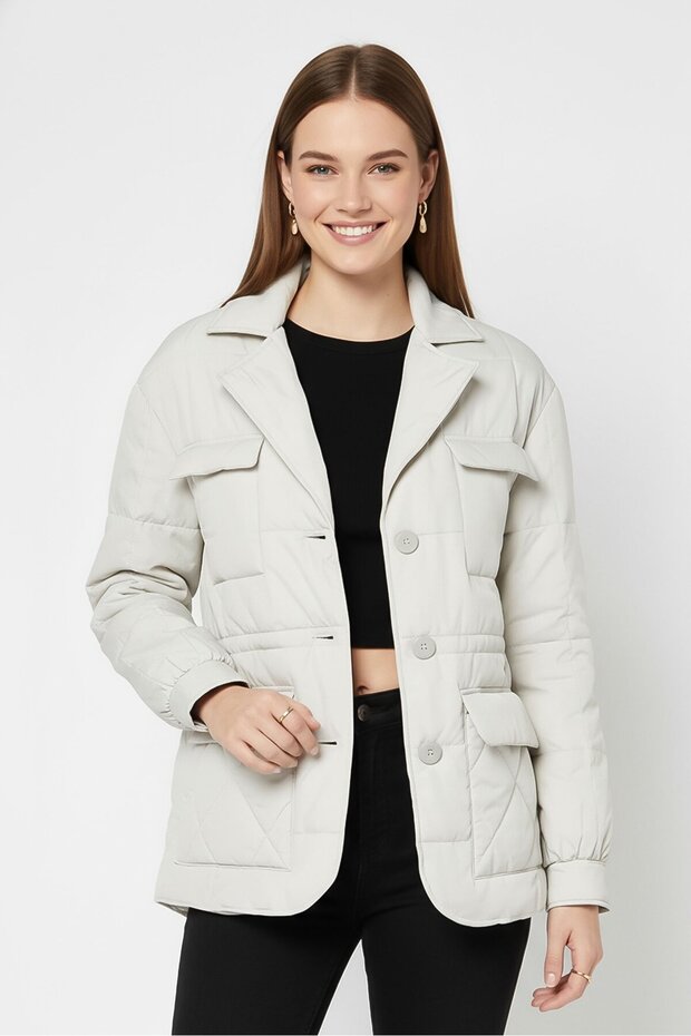 Women Quilted Puffer Jacket, Pale Grey