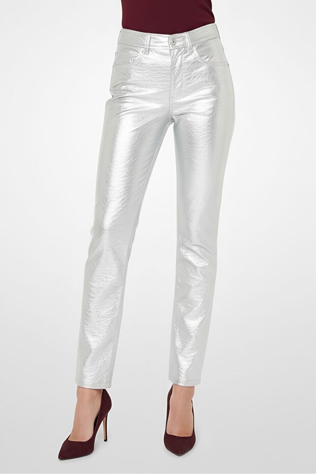 Women Regular Fit Solid Straight Leg Pants, Silver