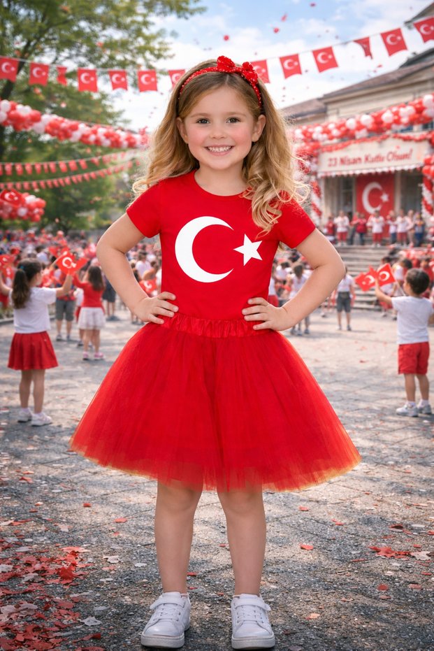 Girls' Turkish Flag T-Shirt, Tutu Skirt Combination, April 23 October 29 Event Performance Outfit