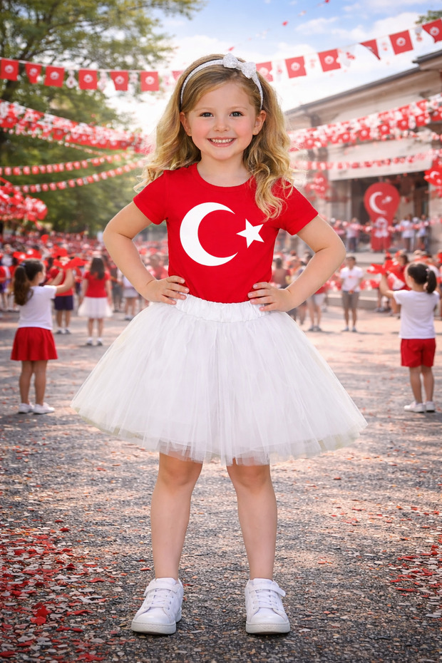 Girls' Turkish Flag T-Shirt, Tutu Skirt Combination, April 23 October 29 Event Performance Outfit