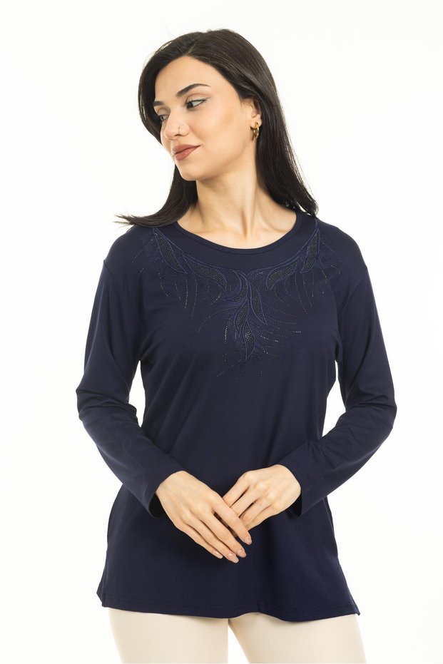 New Season Women's Middle Age and Up New Model Round Neck Lycra Mother Combed Cotton Blouse 30540