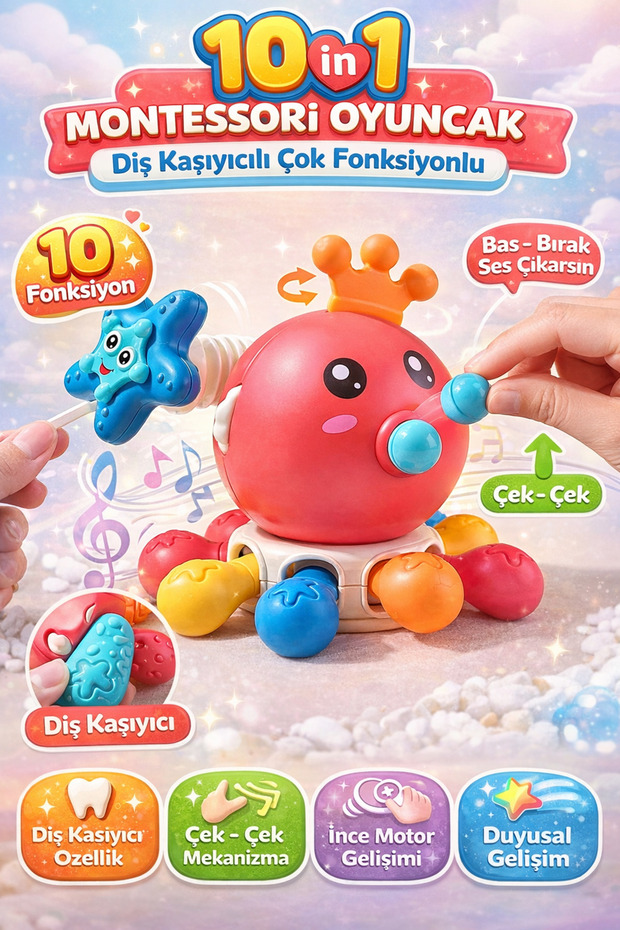 Cute Octopus Multifunctional Montessori Baby Toy - 10 in 1 Octopus with Teether