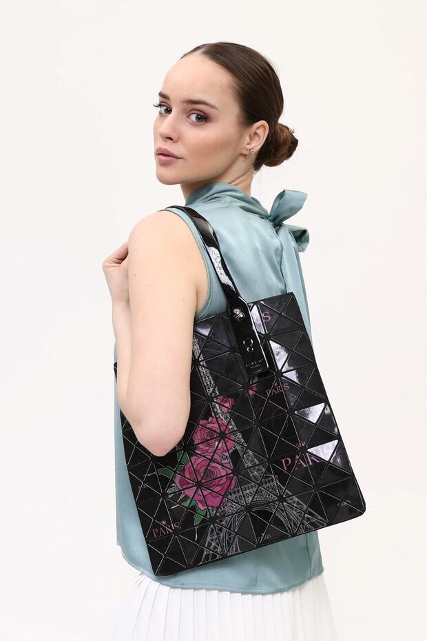 Women's Stylish Modern Eiffel Tower Print Detailed Zipper Closure Shoulder Bag