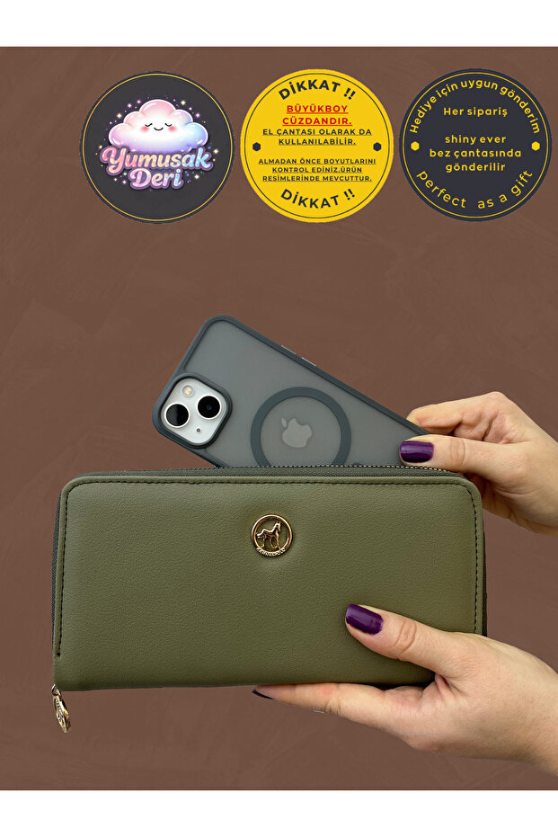 Large Phone Compartment Leather Women's Wallet Clutch Bag Green with Gold Details