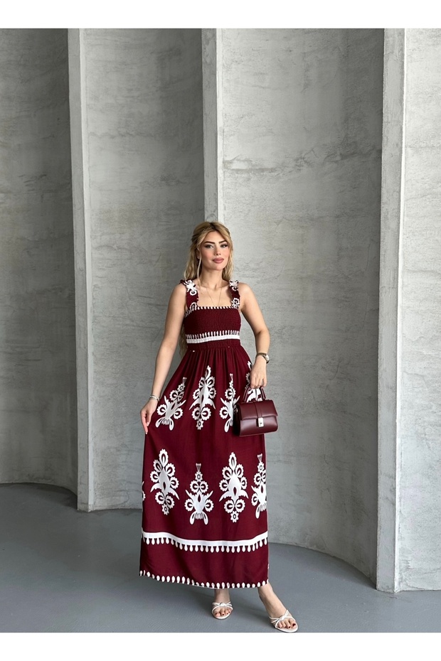 Women's Burgundy Ethnic Pattern Elegant Cut-Out Back Chest Shoulder Strap Fully Elastic Gipeli Dress