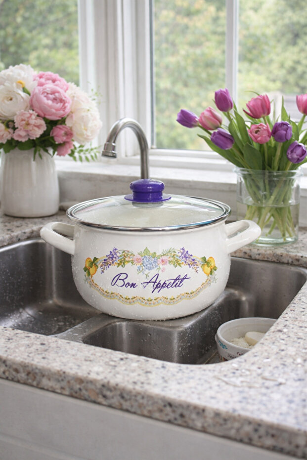 Belly Flower Enamel Pot 2750 ml 20 cm Diameter Milk Yogurt Soup Pot