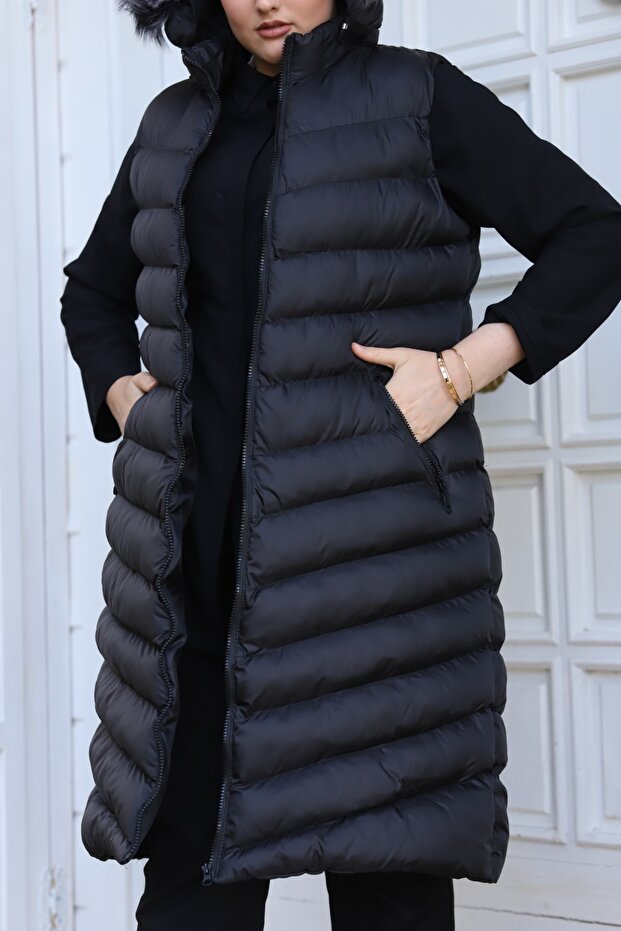 Women's Long Detachable Hooded Waterproof Large Size Filling Puffer Vest
