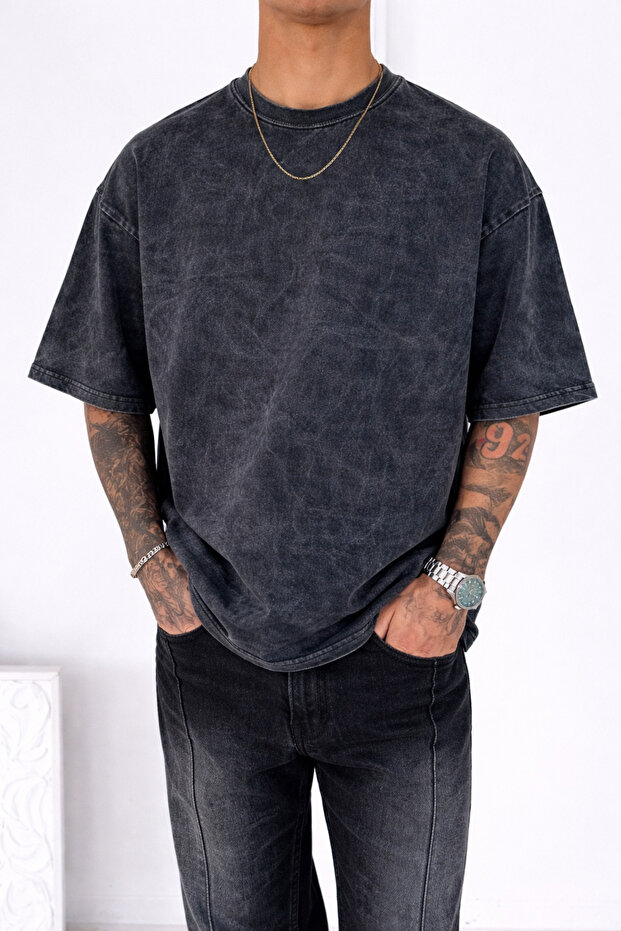 Wash Detail Smoked Oversized Unisex Combed Cotton Tshirt
