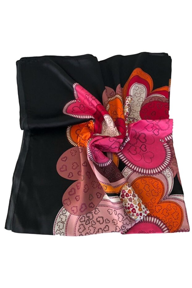 Heart Patterned Square Cut Satin Black Scarf - 90X90