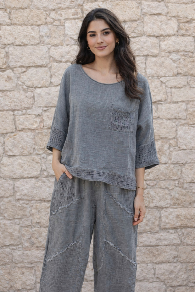 Women's 100% Linen Fabric Mesh Pocket Trucker Sleeve Blouse and Mesh Detailed Tassel Trousers 2-Piece Combination with Surprise Bracelet Gift