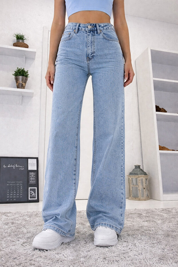 Snow Wash Loose Denim Trousers Blue Snow Lycra Palazzo