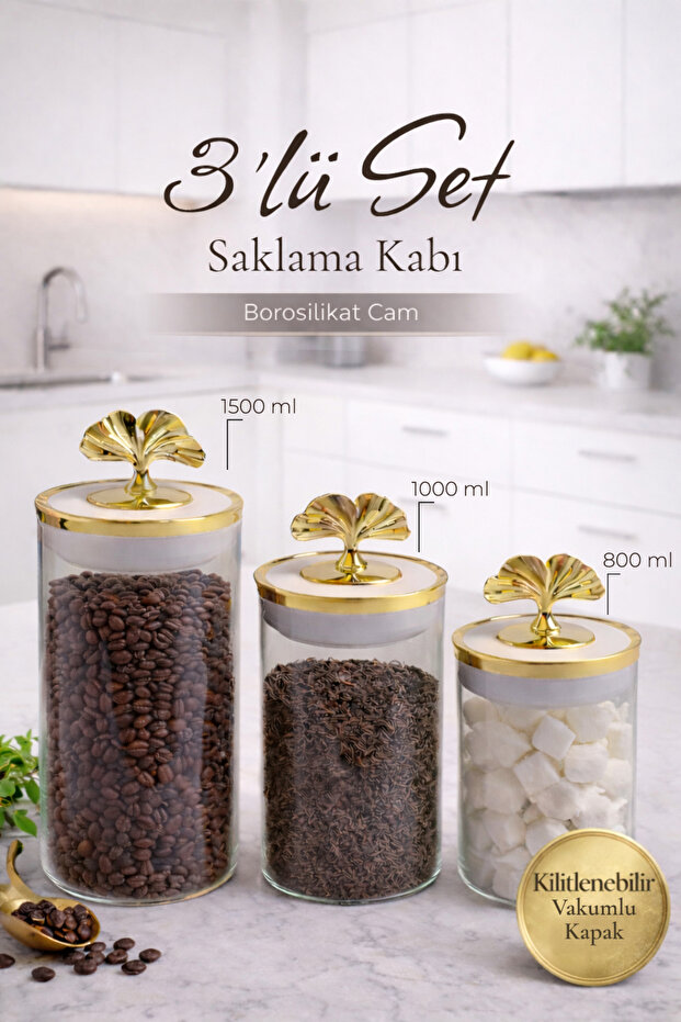 حاوية تخزين من الزجاج البورسليكات المذهبة ذات غطاء مفرغ قابل للقفل سعة 3 قطع 800 - 1000 - 1500 مل