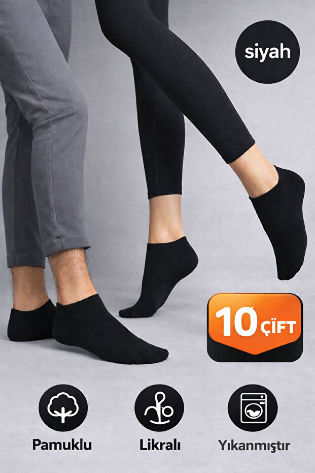 CALLAVI 10 Çift Unisex Pamuklu Siyah Patik Çorap