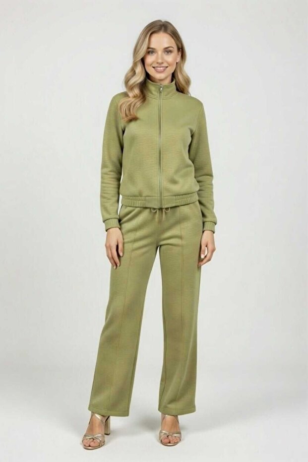 Limited Edition Slim Fit Scuba Green Jacket Ribbed Pants Set with Elastic Waist