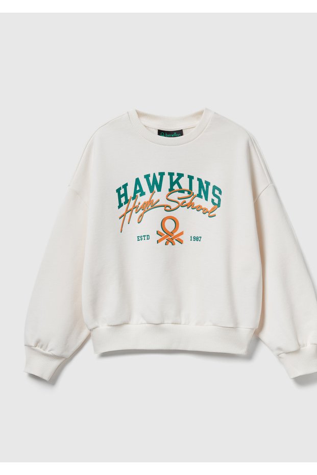 Girl's cream 100% cotton oversized stranger things front print sweatshirt