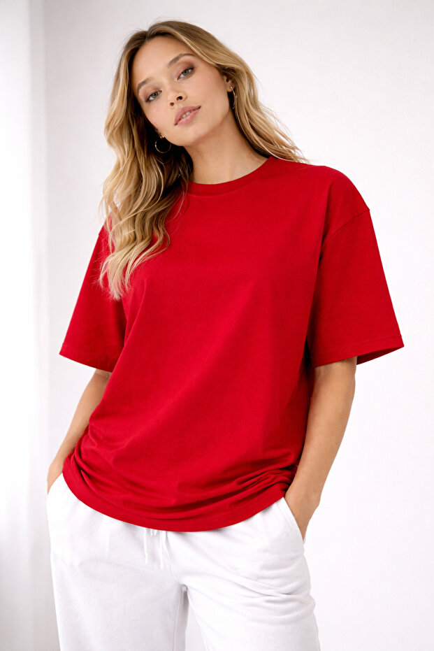 Unisex Kırmızı Oversize Kalıp Tok Kumaş Basic T-shirt - 5