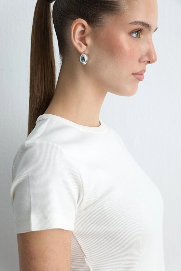 Kısa Kollu Basic Pamuk Tshirt - Ekru - 6