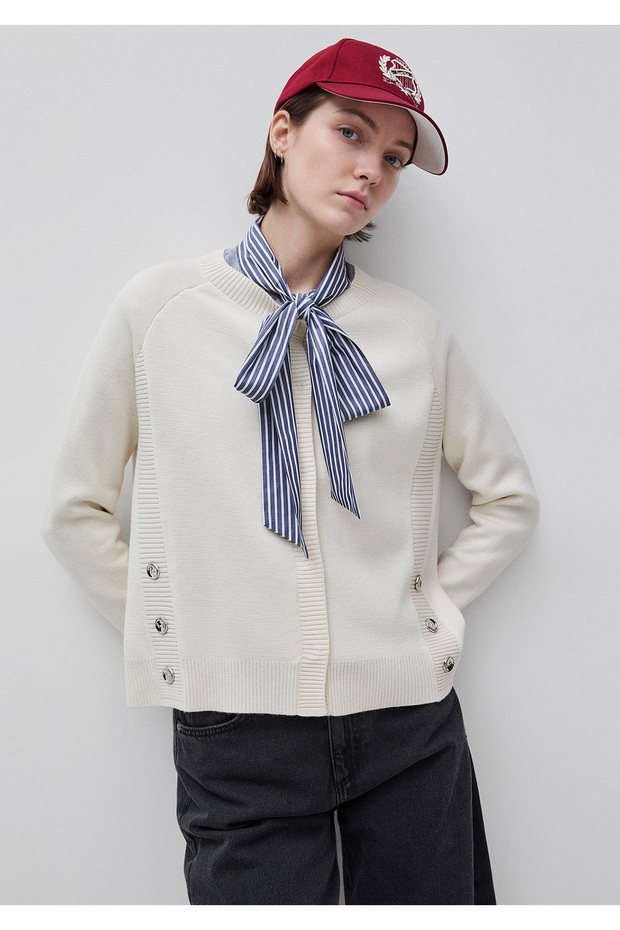 Women's Cream Wool Blend Cardigan with Silver Buttons and Raglan Sleeves