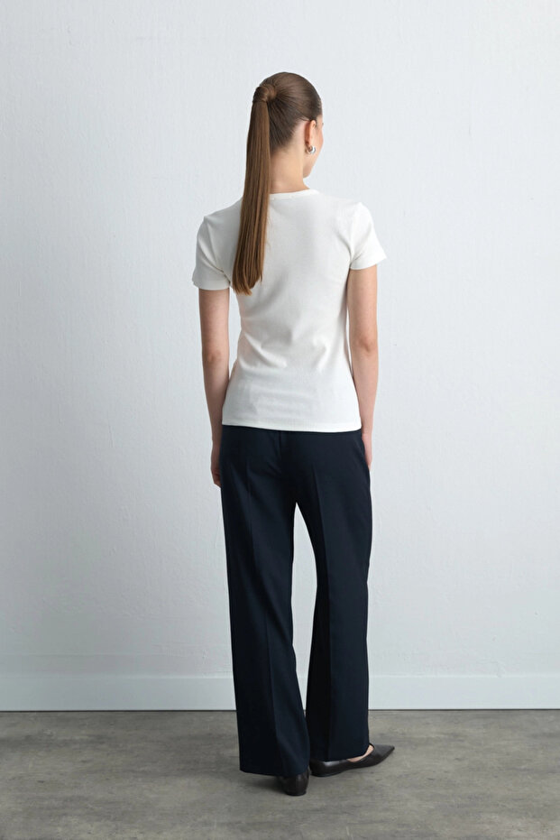 Kısa Kollu Basic Pamuk Tshirt - Ekru - 8