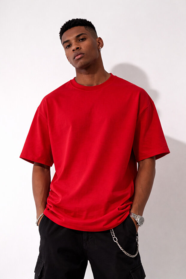 Unisex Kırmızı Oversize Kalıp Tok Kumaş Basic T-shirt - 4
