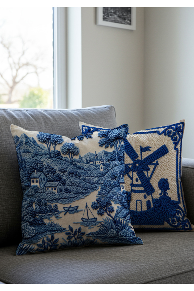 Delftware Punch Embroidery Patterned Navy Blue Mill Decorative Set of 2, Set of Cushion Cover – Pastoral Landscape