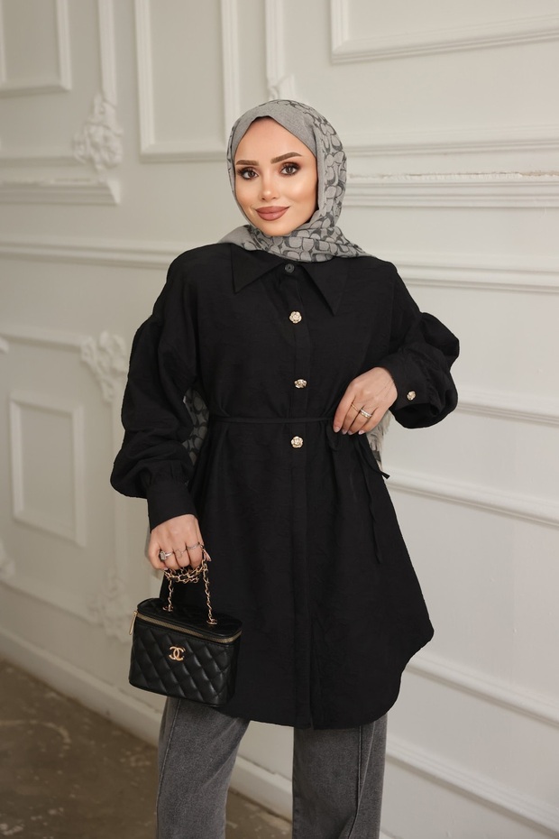 Black Self-Detailed Shirt with Patterned Strands