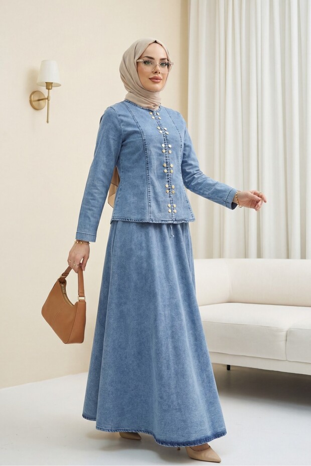 Denim Suit with Snap Buttons on the Front and Lace Detail on the Skirt - Ice Blue
