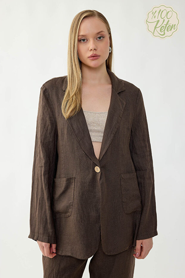 100% Linen Single Button Pocket Jacket - 1