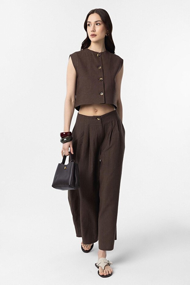 Brown Linen Blended Women's Culotte Trousers