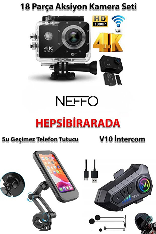 NEFFO Aksiyon Kamerası Kask Kamerası İntercom Su Geçirmez Motor Tutucu Hepsi Aynı Yerde
