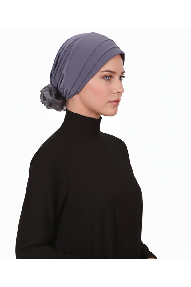 Dark Gray Ready-To-Wear Turban Hijab with Organza Roses on the Back, Suitable for Medical Use