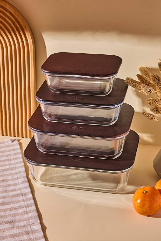 Locky Wood 4-Piece Rectangular Glass Storage Container Set