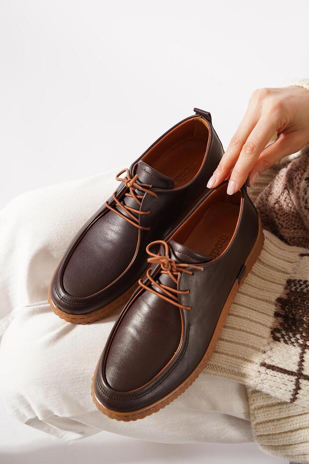 Yerna Rubber Laced Women's Genuine Leather Shoes Brown Skin
