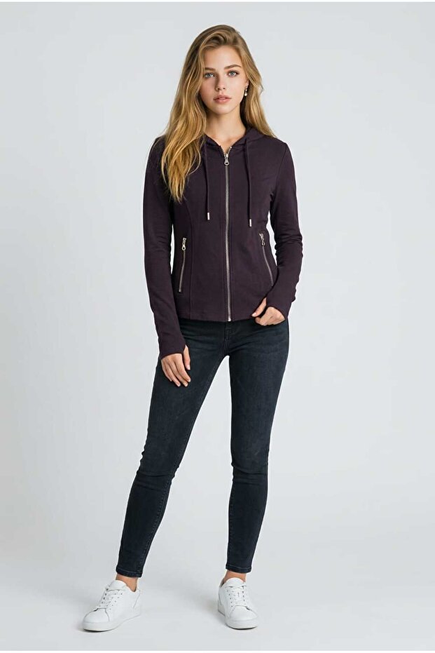 Fermuarlı Kapüşonlu Sweatshirt - 4