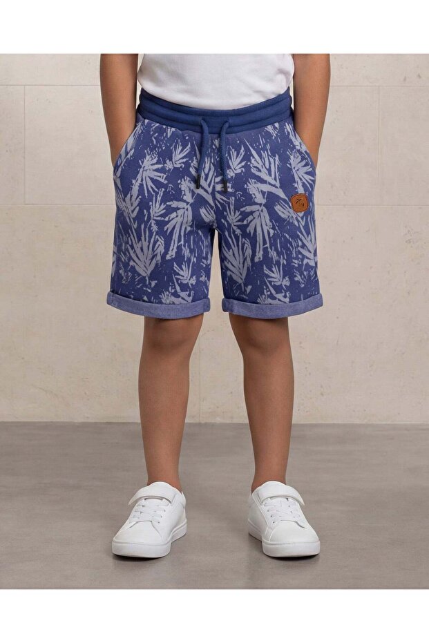Boys Navy Leaf Print Jacquard Shorts